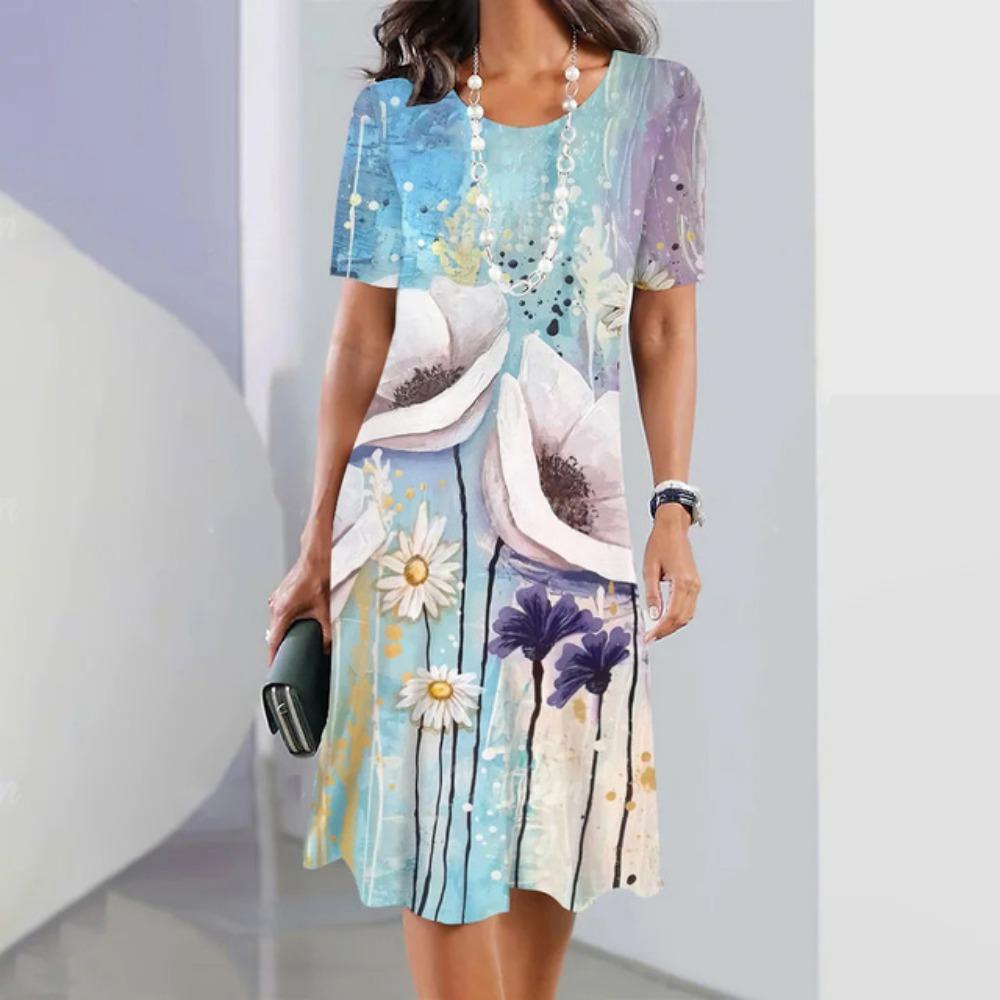 2025 Sommerurlaub Kleid mit Knitterblumenmuster elegant kurzärmlig O-Ausschnitt Kleidung Streetwear lockeres Kleid