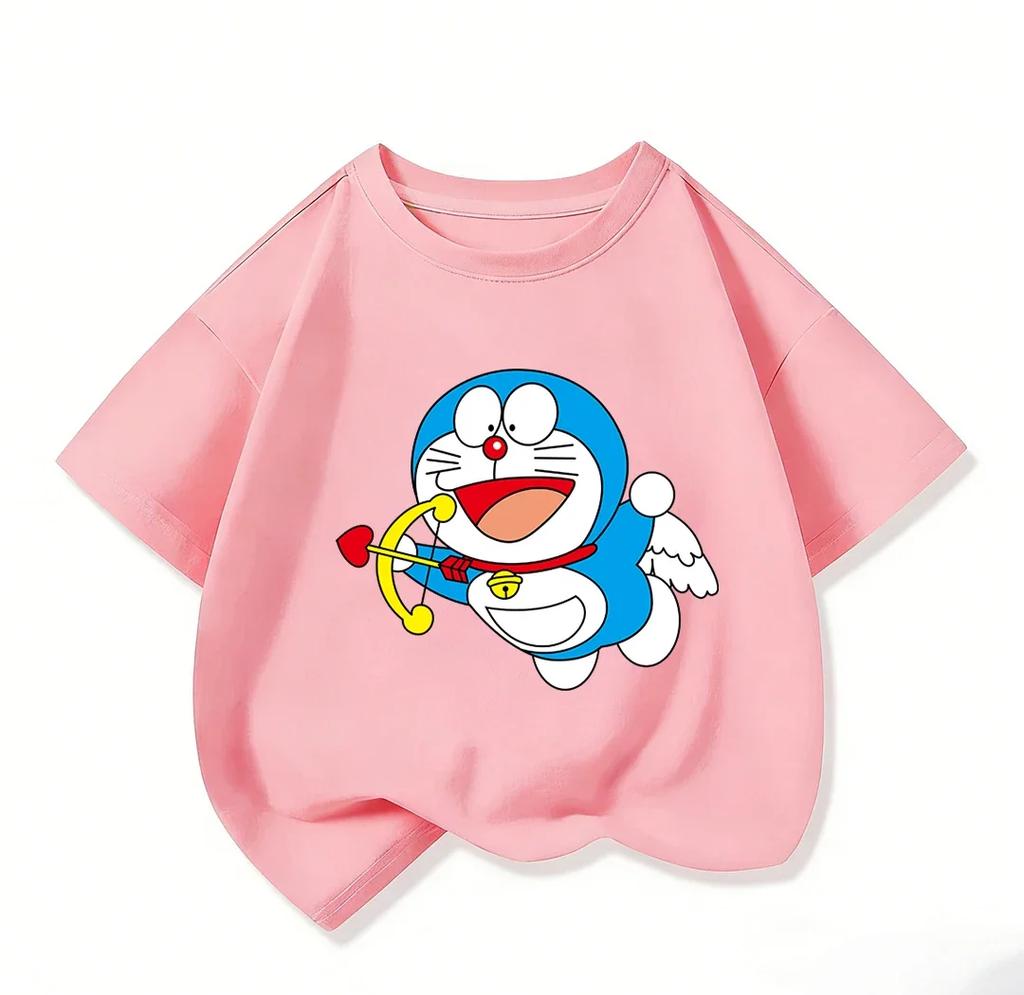 Summer Boys Girls Short Sleeve Tee Kawaii Cartoon Print Cute Street Fashion Wear Doraemon Kids Outfit 314Y