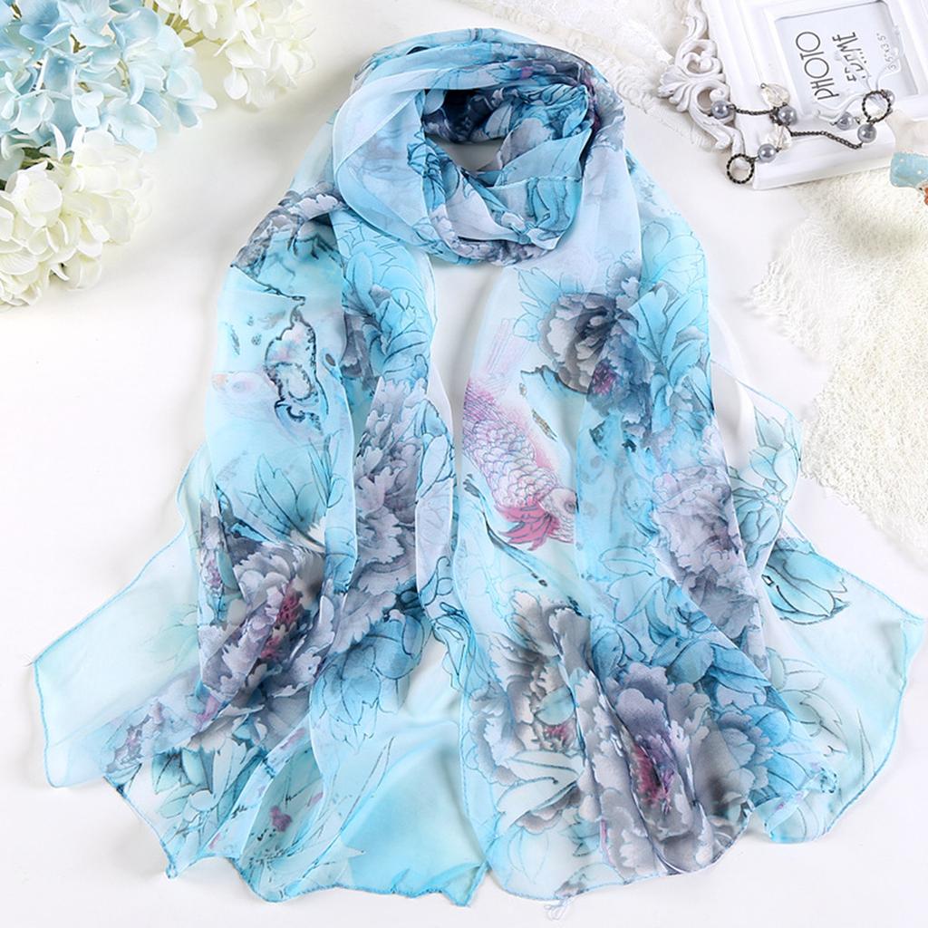 Four Seasons Thin Soft Chiffon Women Peony Flower Printing Beach Silky Georgette Scarf Shawls Long Wraps Beach Sunscreen Hijab