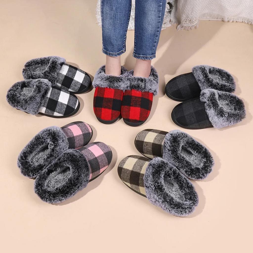 Women Cotton Slippers  New Plush Fluffy Slippers Indoor Home Floor Non-slip Warm Thick Soled Lattice Slippers Chanclas Mujer