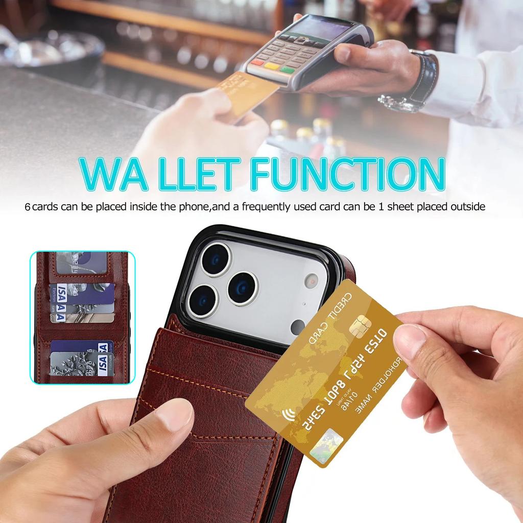 Stand Flip Card Holder Phone Case for For IPhone 17 Air 16E 16 Pro Max 15 14 Plus 11 13 12 Mini XR XS Wallet Retro Leather Cover