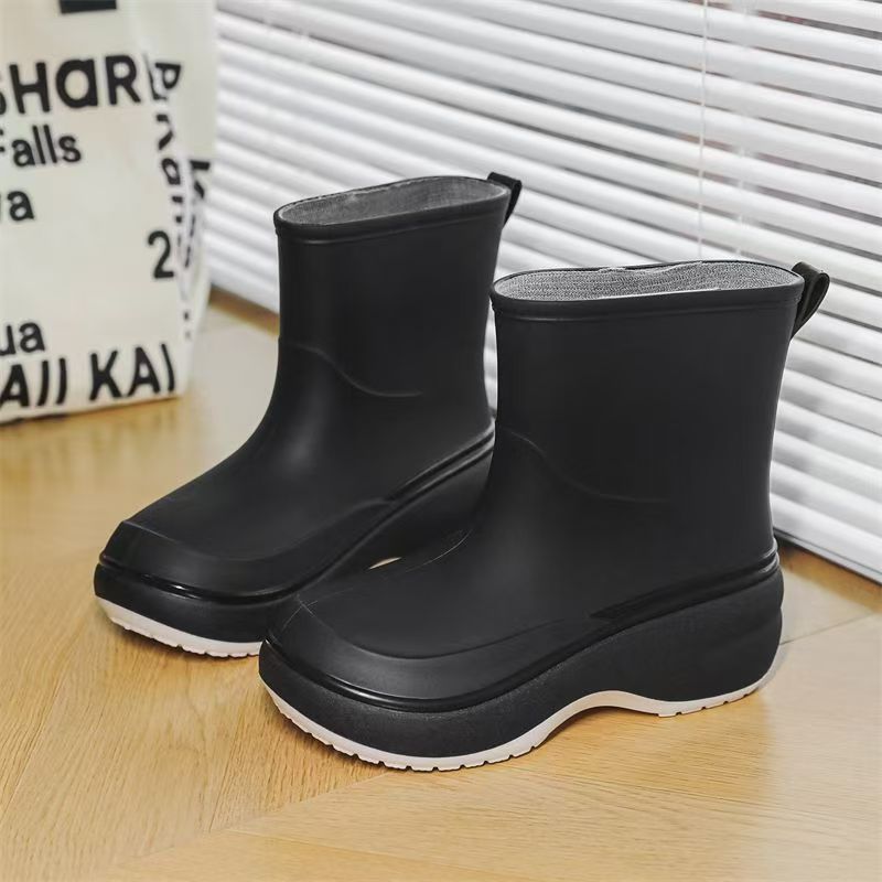Woman New Thick Sole High Top Rain Boots Waterproof Non Slip Round Toe Detachable Cotton Cover Wedges Fashionable Water Shoes
