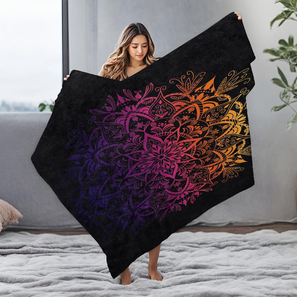 Black Mandala Pattern Fleece Blanket - Bohemian Decorative Throw Blanket - Psychedelic Rainbow Geometric Print Bed Throw Cushion