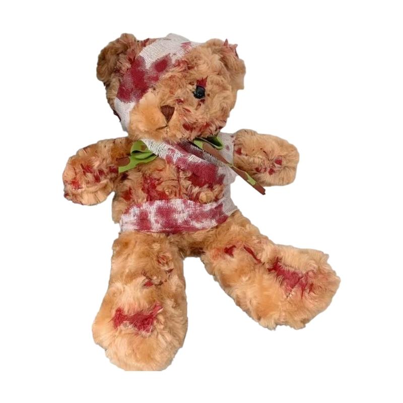 Bloody Damaged Bear Doll with Realistic Wounds PP Cotton Texture for Gothic Themed Event and Spooky Home Displays