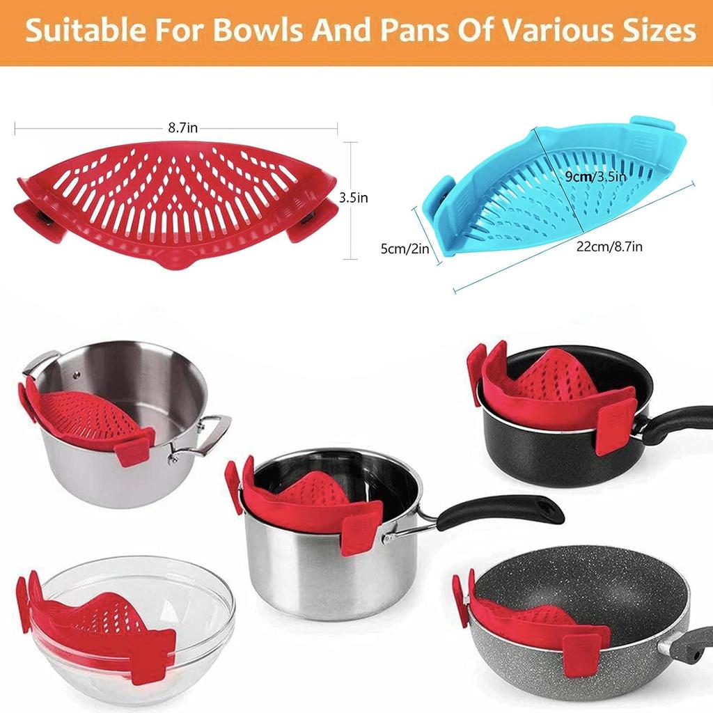 2 Pcs Silicone Clip on Strainer for Pasta Meat Vegetables Fruit, - Fit All Pots and Bowls.
