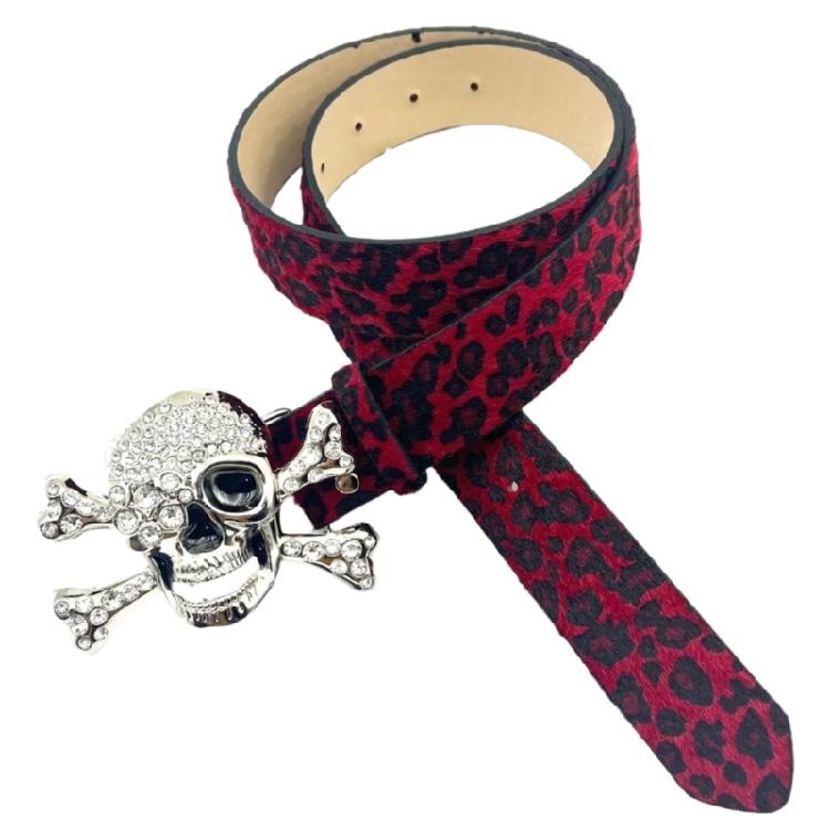 Rhinestones Studded Pirate Buckle Belt for Adult Street Waistband for Pants Leopard Pattern Waiststrap Waist Ornament