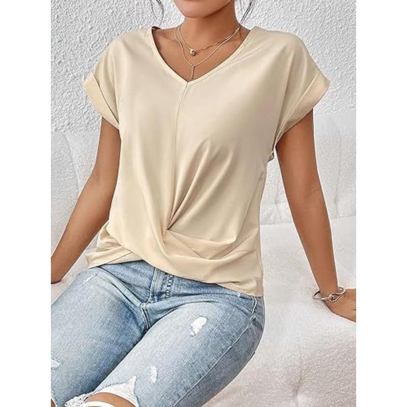 Elegant Short Sleeved Top for Spring and Summer Solid Color V-neck Women's T-shirts