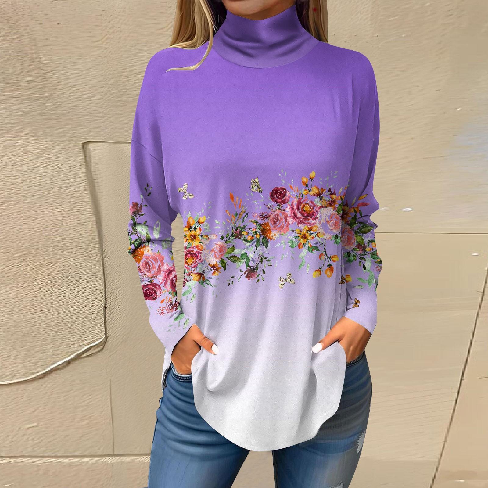 

Футболки для женщин, осенние повседневные рубашки с длинными рукавами, толстовка с винтажным принтом, топ с высоким воротом, пуловер M фиолетовый