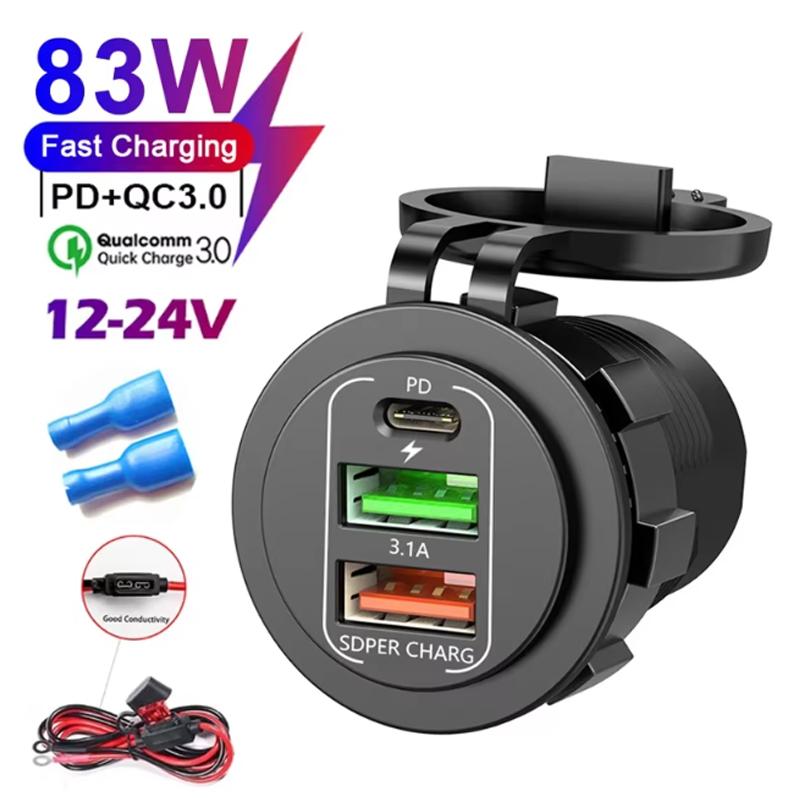 4-Ports 86W Car Charger PD Type C QC3.0 Fast Charging with Voltmeter Power Outlet Adapter Waterproof 12V/24V for Car Boat