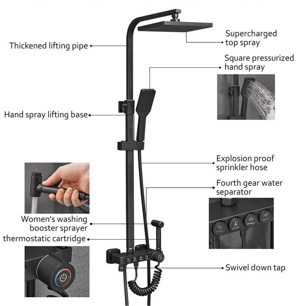 360° drehbares Thermostat-Duschbrausen-Mischbatterie-Set, 3/4-Geschwindigkeit, einstellbare feste/intelligente Temperaturregelung, schwarz