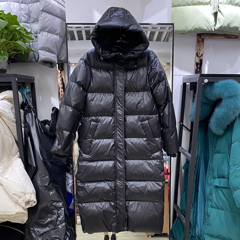 Women Loose Fit Long Hooded Padded Jacket Winter Coat White Duck Down Stand Collar Zipper Pocket Solid Color All Match