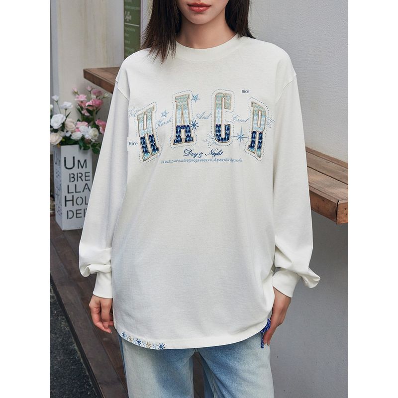 Hacr Ethnic Style Woven Patch Embroidered Long-Sleeved T-Shirt Early Autumn National Trend Loose Couple Wear T-Shirt for Men and Women