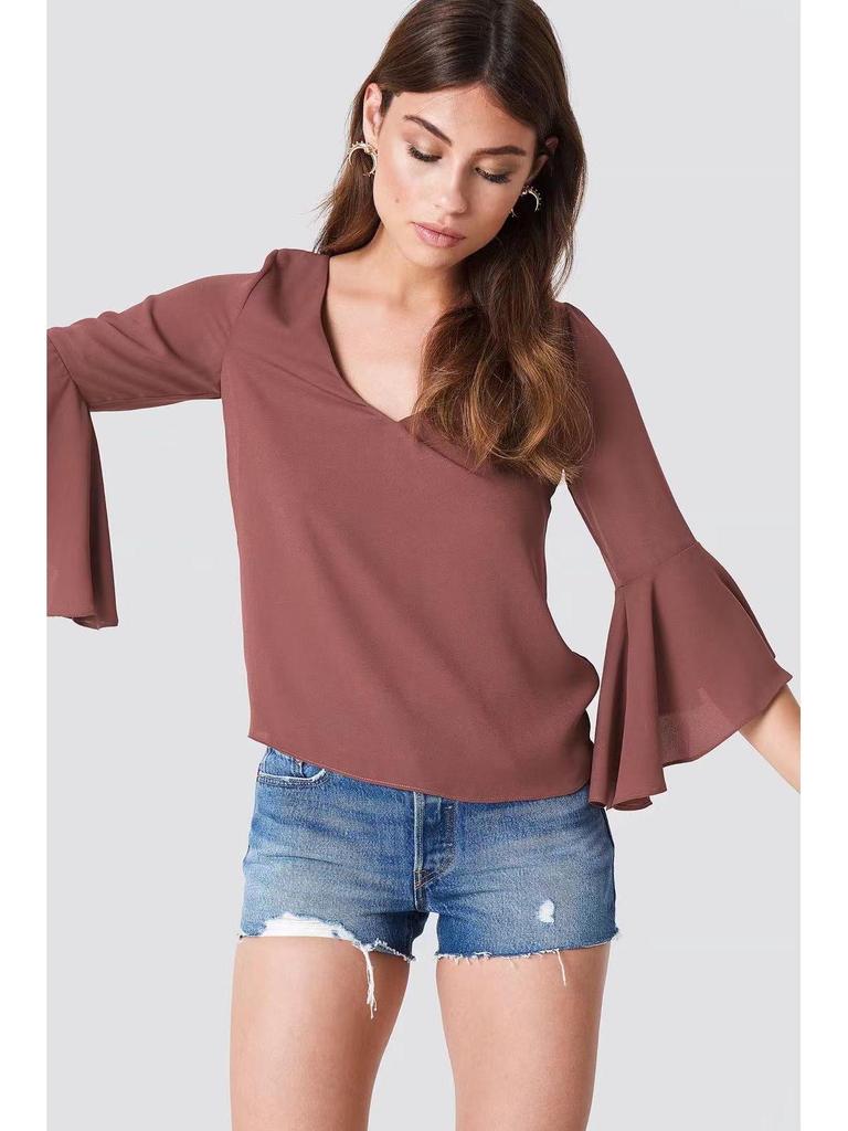 European and American V-Neck Trumpet Sleeve Chiffon Top - Tie-Up Backless Design