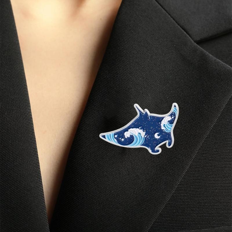 Cartoon Marine Animal Enamel Pins Glittering Dolphin Manta Ray Shark Brooch Alloy Lapel Jewelry Gift Accessories