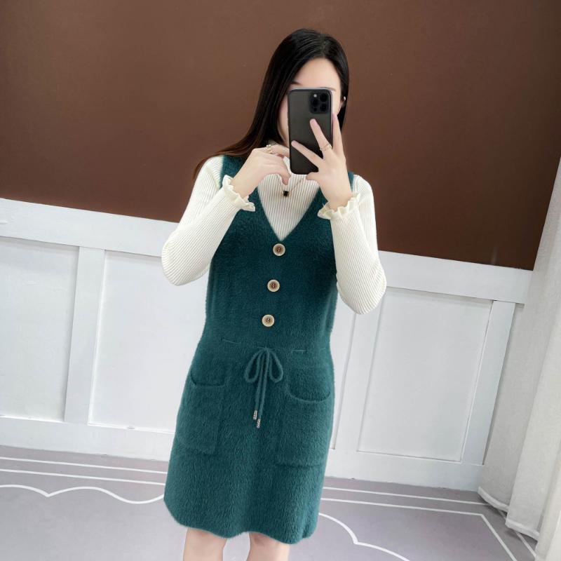 Faux Mink Knitted Waistcoat Spring and Autumn Mohair V-neck Vest Knitting Versatile Sleeveless Mid-length Casual Women's Dress