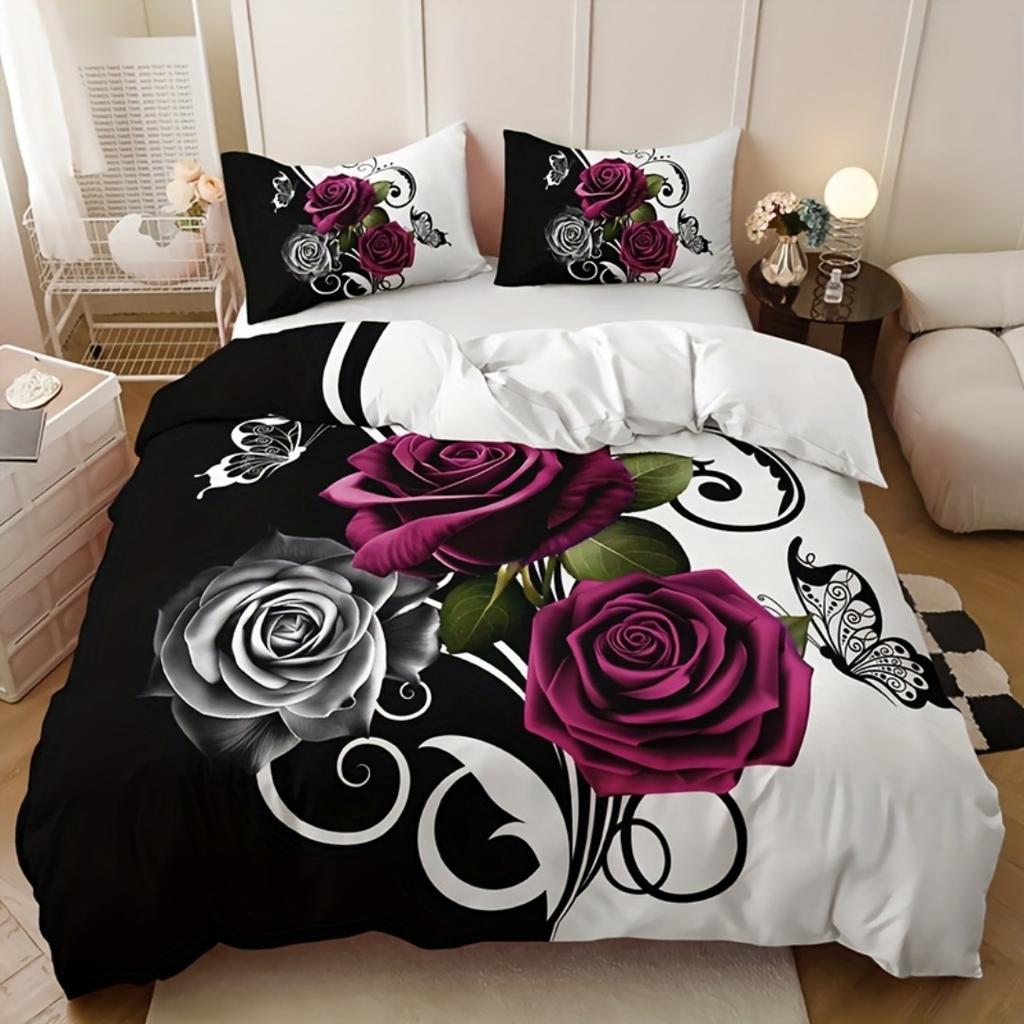 3pcs White Red Romantic Roses Bedding Set Soft Duvet Cover Set King Queen Twin Single Size Bithday Gift for Sister Room Decor