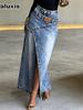 Neues Design Patchwork Lagen-Wasch-Denim-Hose Langer Rock Damen