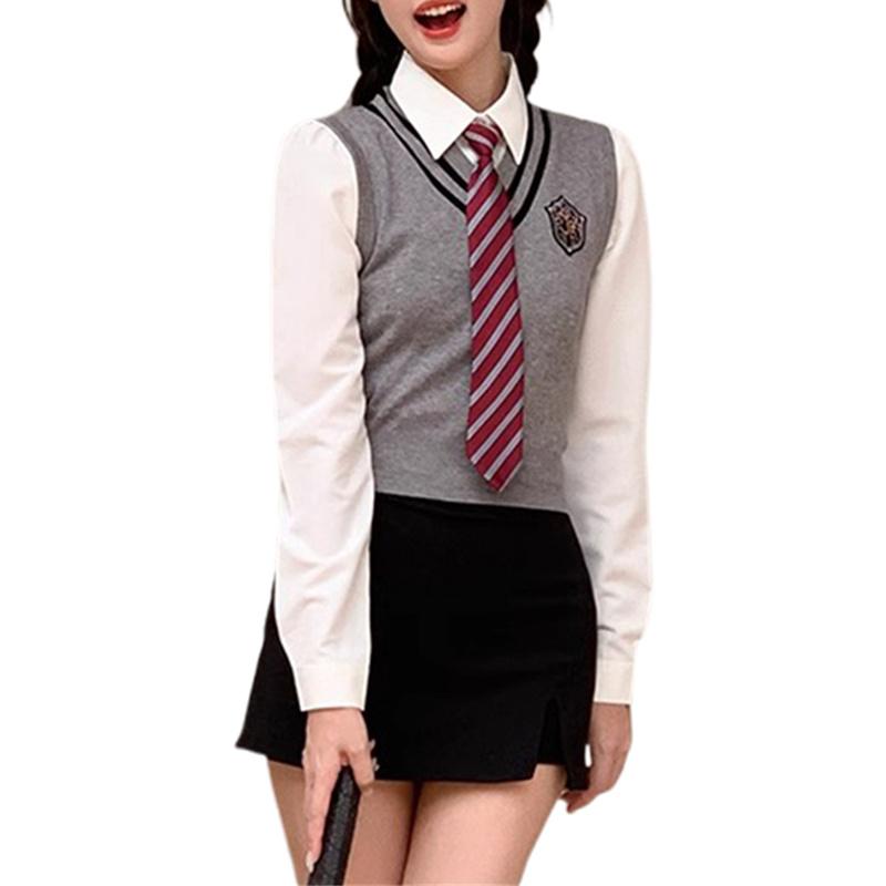 y2k Shirt Women Preppy Style Contrast Color Lapel Collar Long Sleeve Top with Tie 2000s Aesthetic Clothing Streetwear