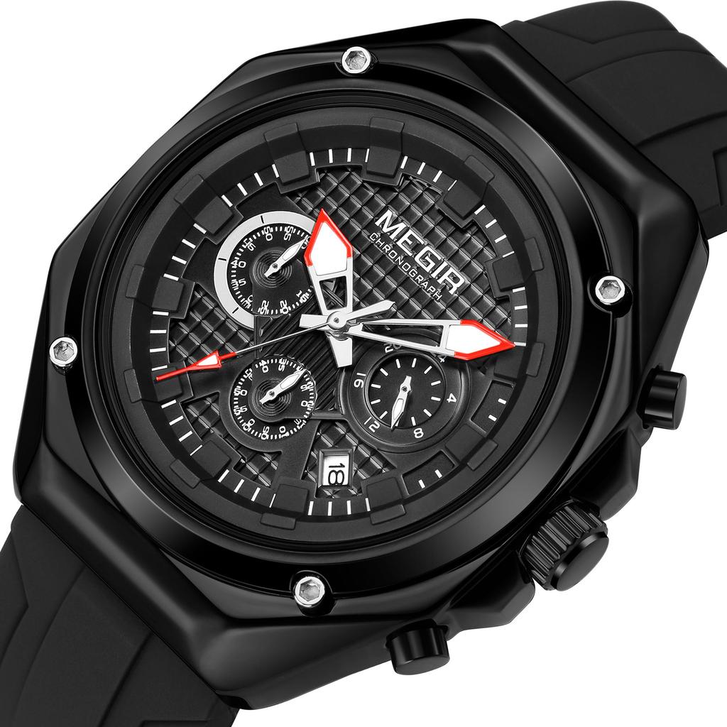 Megir Fashion Sport Watches for Men Silicone Strap Waterproof Military Quartz Chronograph Clock Man Wristwatch with Date 24-hour 8118