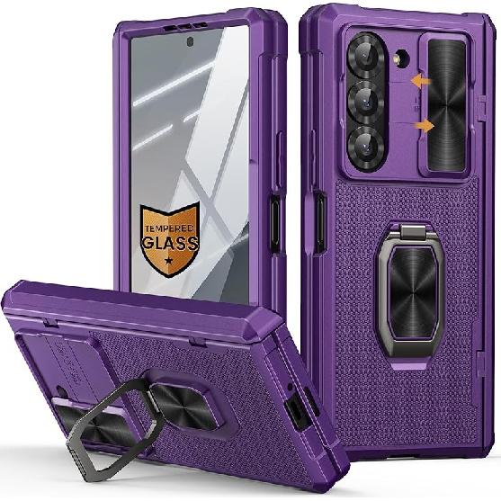 Vihibii for Samsung Galaxy Z Fold 6 Case Silicone with Ring Stand [Military Grade Drop Protection], Camera Cover & Screen Protector & Hinge