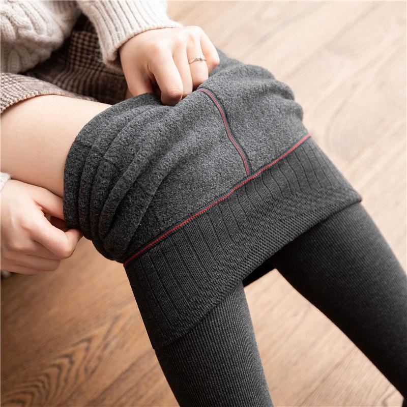 Winter Fleece Thickened Leggings Women's High Waist Slimming Vertical Striped Pantyhose Autumn and Winter Warm Wool Base Stockings