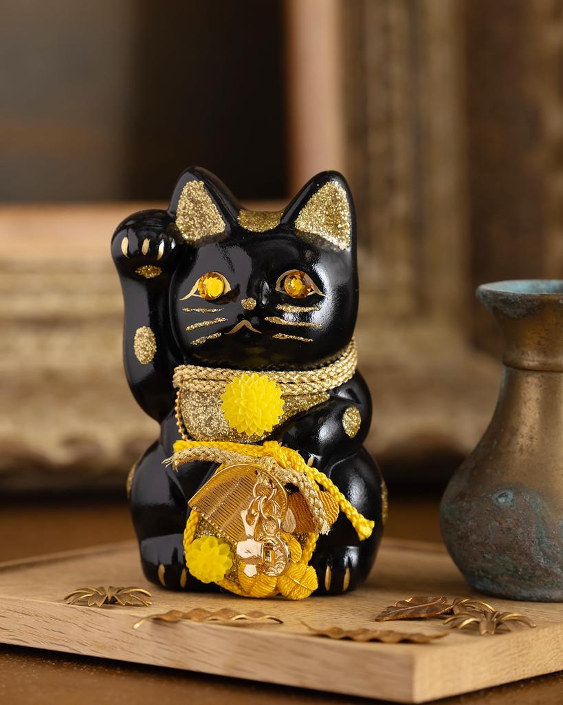 Lucky Cat Maneki Neko Right Paw Lucky Cat Maneki Neko Feng Shui Figurine with Offering Box (Lucky Cat) (S-SIZE Black) Raised/Ceramic (Lucky Cat) (fa_S