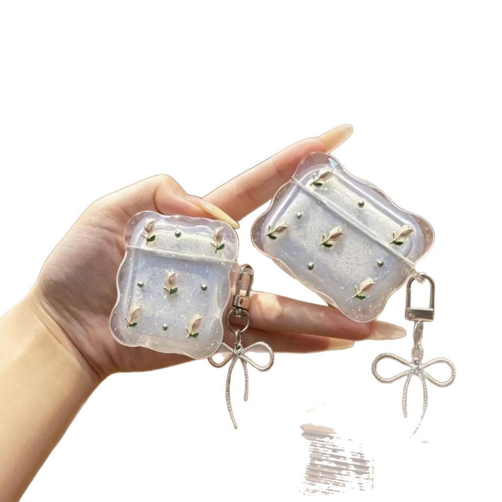 Applicable Apple Bluetooth Headset Cover Through Powder Tulip Flower Epoxy AirPods 1 Protective Cover Headphone Case Epoxy Pro1