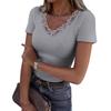 T-shirt da donna in pizzo con scollo a V a maniche corte aderente tinta unita