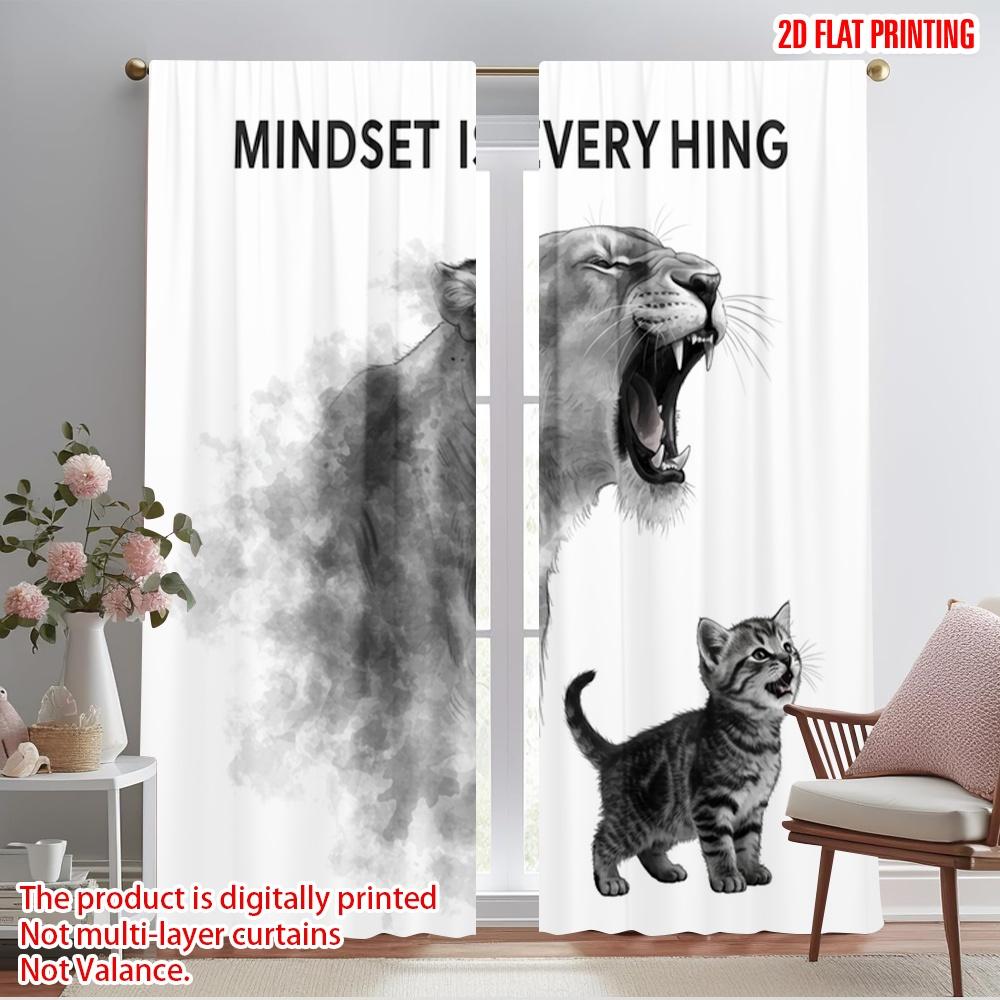 

2pcs 2D flat printing Party Window Curtains MINDSET IS EVERYTHING LION CAT Polyester Without Electricity Holiday Decorations Use 52.50×116.00 CM 2pcs