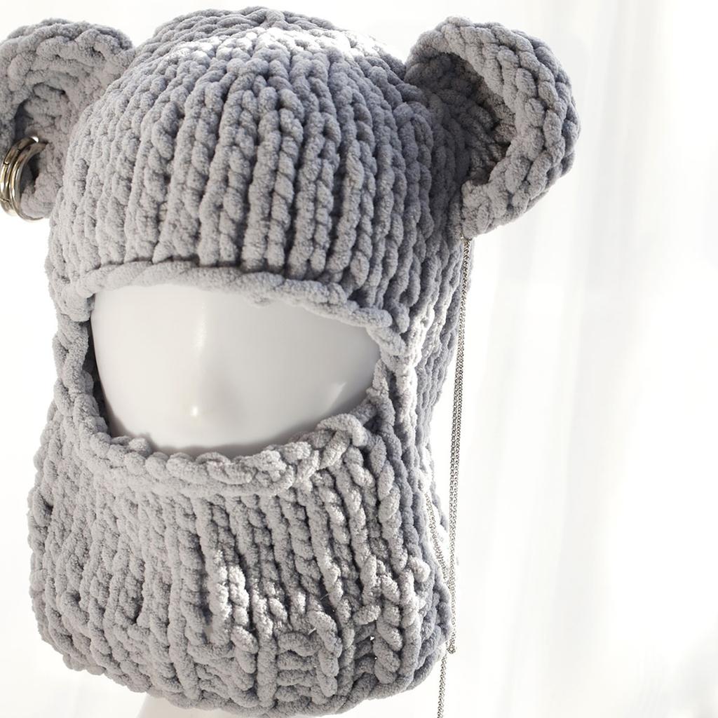 Knitting Balaclava Cap for Women Cute Bear Ears Plush Beanie Hat Handmade Face Cover Hat Crochet Hooded Hat for Party