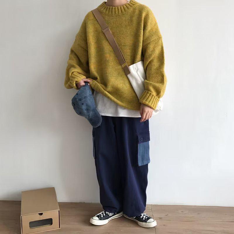 2024 Unisex Solid Color Knit Sweater: Autumn/Winter, Round Neck, Long Sleeve, Loose Fit