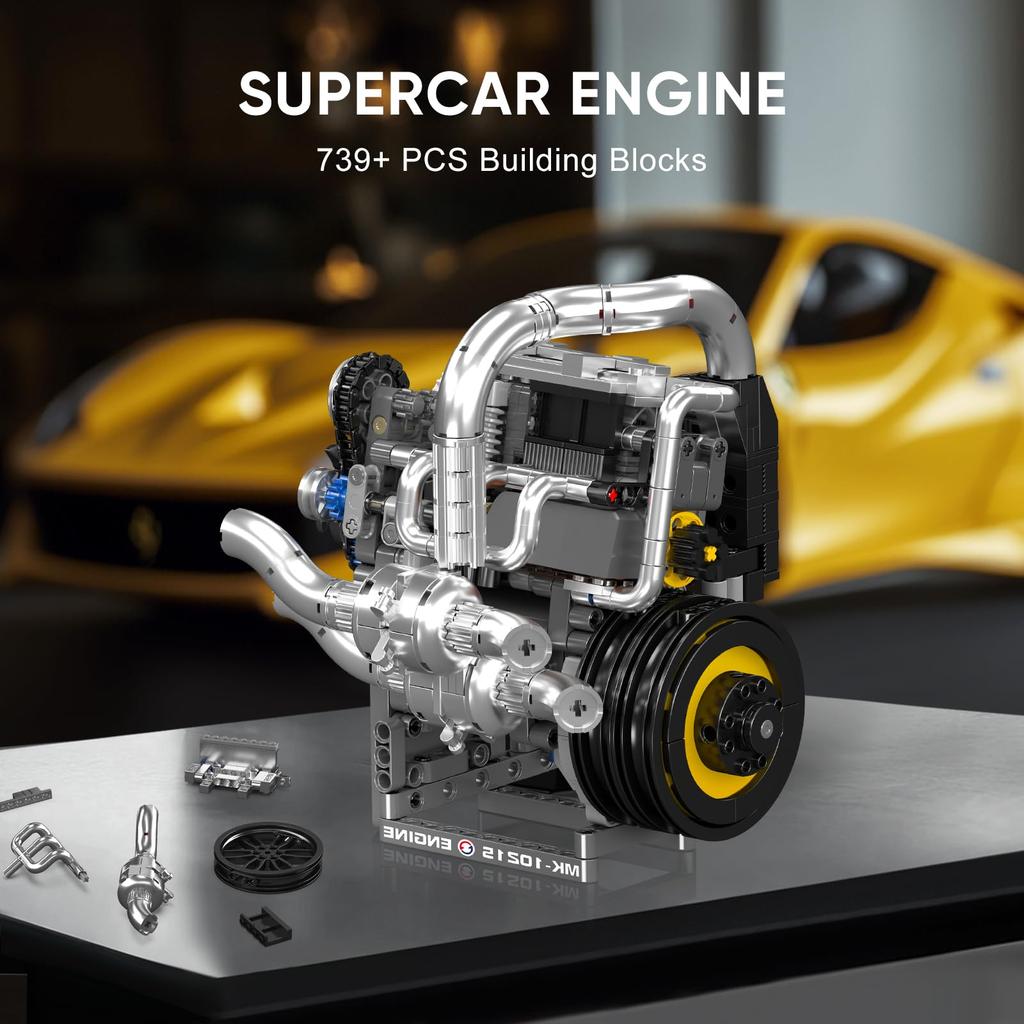 Mould King 10215 Engine Building Blocks Set, Adult Sports Car Engine with Box and Motor, Construction STEM Toy for Kids and Men (739 Pieces)