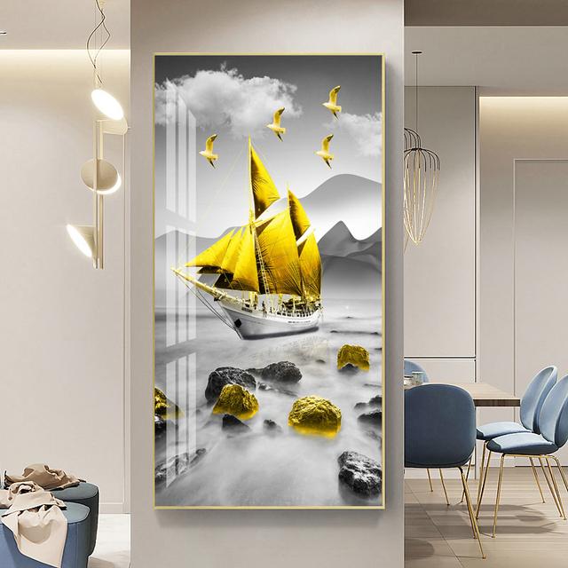 New Chinese Golden Boat Ship Canvas Painting Lucky Stone Zen Posters Landscape Wall Art Pictures for Living Room Porch Decor