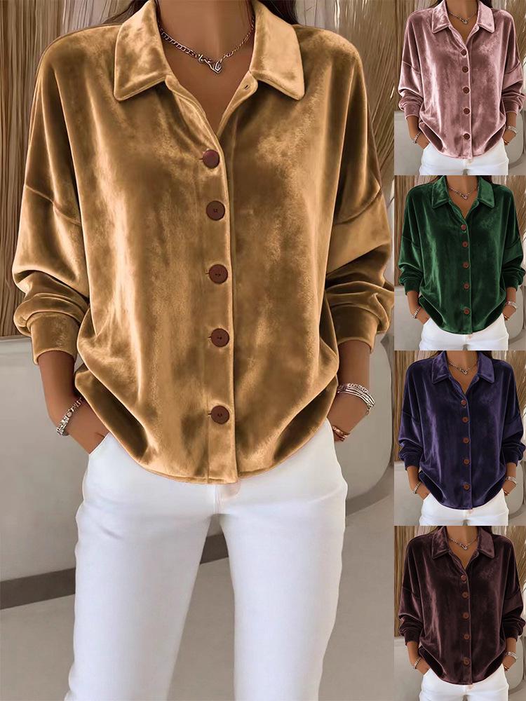 Women's Gold Velvet Long Sleeve Cardigan Shirt with Collar - European & American Style