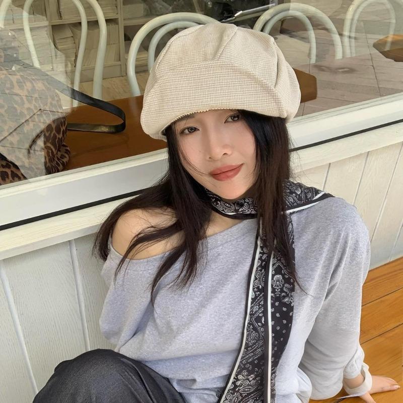 25 Early autumn new small plaid literary and retro octagonal hat women's pleated plaid large version newsboy hat