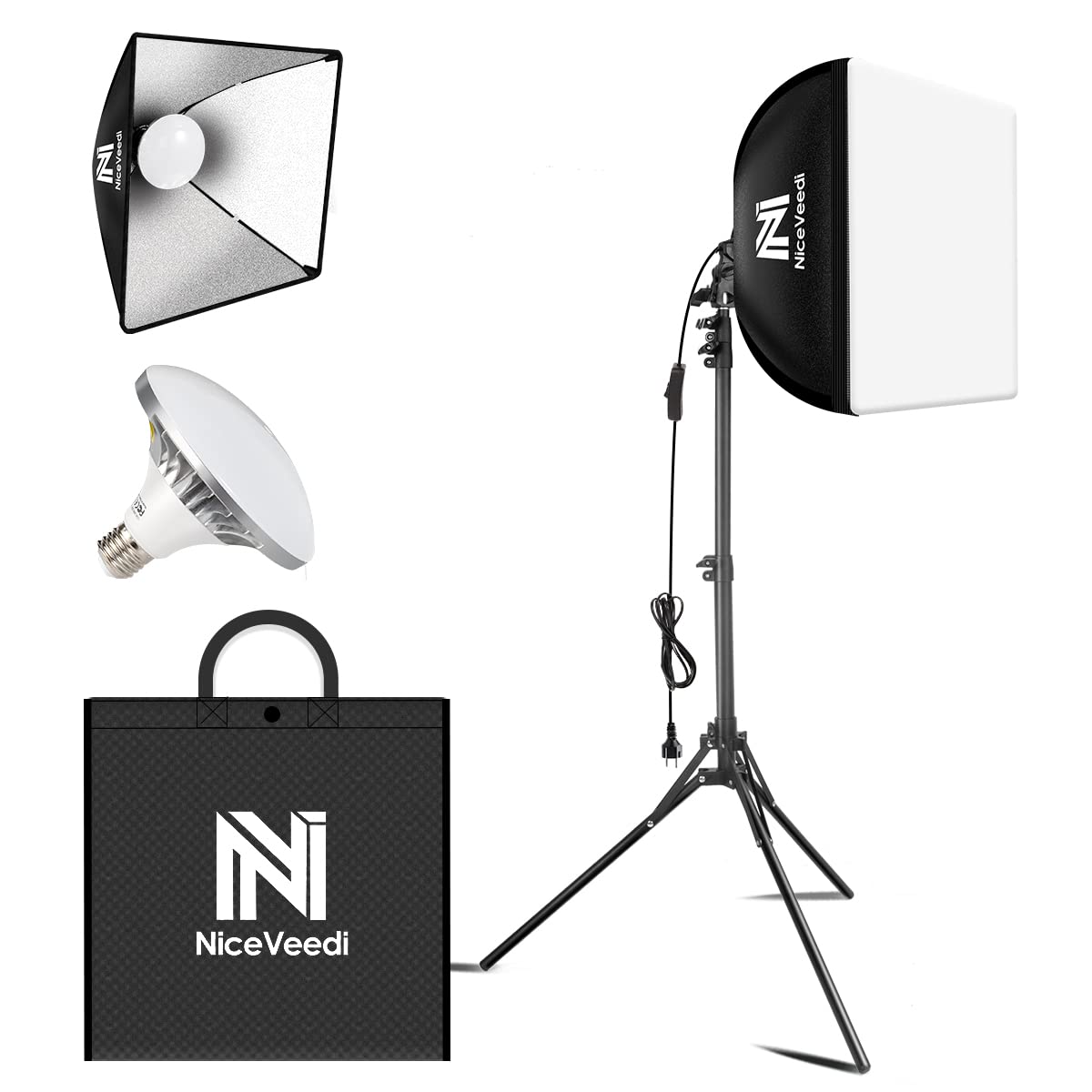 

NiceVedi Photography Softbox 40x40 см Light Box Комплект светодиодного освещения для фотосъемки с регулируемым штативом 160 см Комплект складного освещения для фотосъемки 5400K