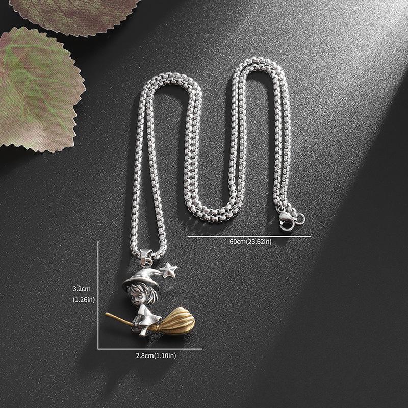 

Witch Pendant Necklace With Star Hat & Gold Broomstick Cartoon Wizard Retro Jewelry For Women Men Fashion Cool Hip Hop Accessory