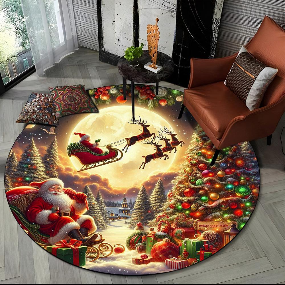 Cartoon Weihnachtsmann Frohe Weihnachten Schneemann Neujahr Runder Teppich für Schlafzimmer Wohnzimmer Sofadekoration, Dekor Bodenteppich