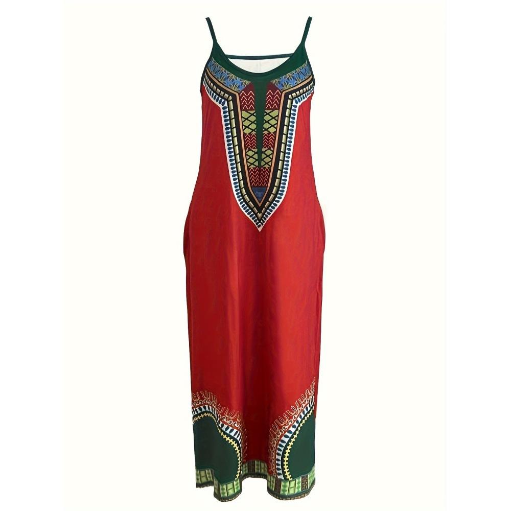 Women's Summer V Neck Strap Loose Long Printed Plus Size Dress