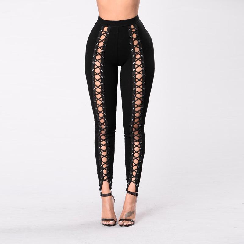 Sexy European & American Eyelet Strap Leggings: Slimming, Exposed Legs, Hip Lift, Large Sizes Available, Women's Fitness Tights