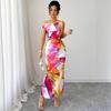 European and American New Fashionable and Elegant Women's Clothing Tie-dye Ink-splashing Printing Tight Sleeveless Long Dress
