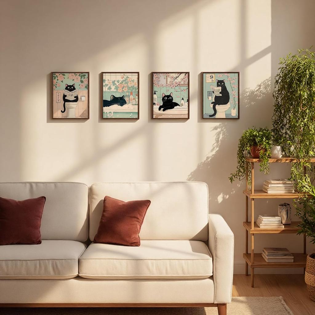 DOFQZ Funny Black Cat Bathroom Wall Art Prints Set of 4, Cat Bathroom Decor, Retro Japanese Black Kitten Floral Aesthetic Posters for Bath Room