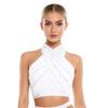 Womens Latin Dance Top Halter Sleeveless Strappy Backless Design Shiny Rhinestones Cross Front Ruched Mesh Crop Top