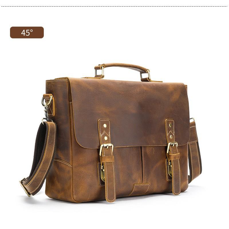 Crazy Horse Leather Business Briefcase High-end Minimalist Mailman Bag Genuine Retro Laptop