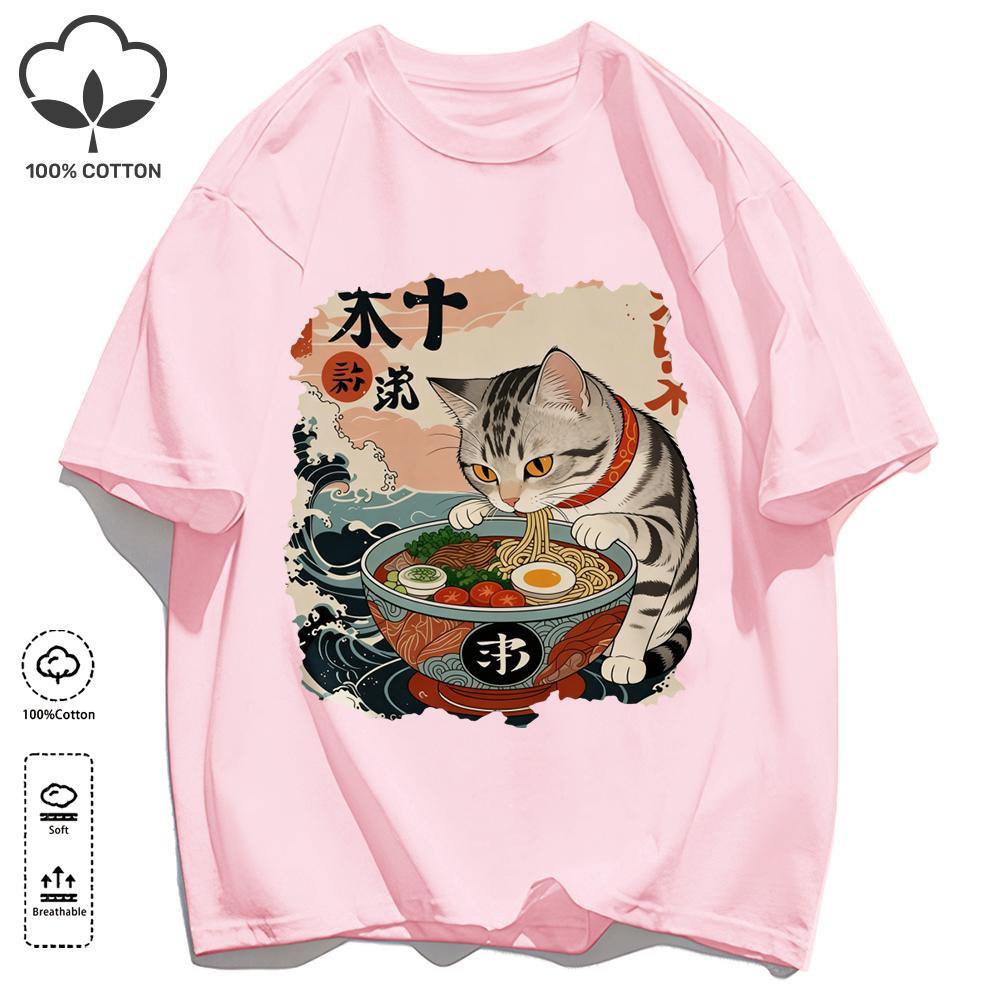 A Cat That Likes To Eat Noodles Print T Shirt Unisex Casual Loose Short Sleeve Summer Soft Clothing O-Neck Unisex Cotton Tee