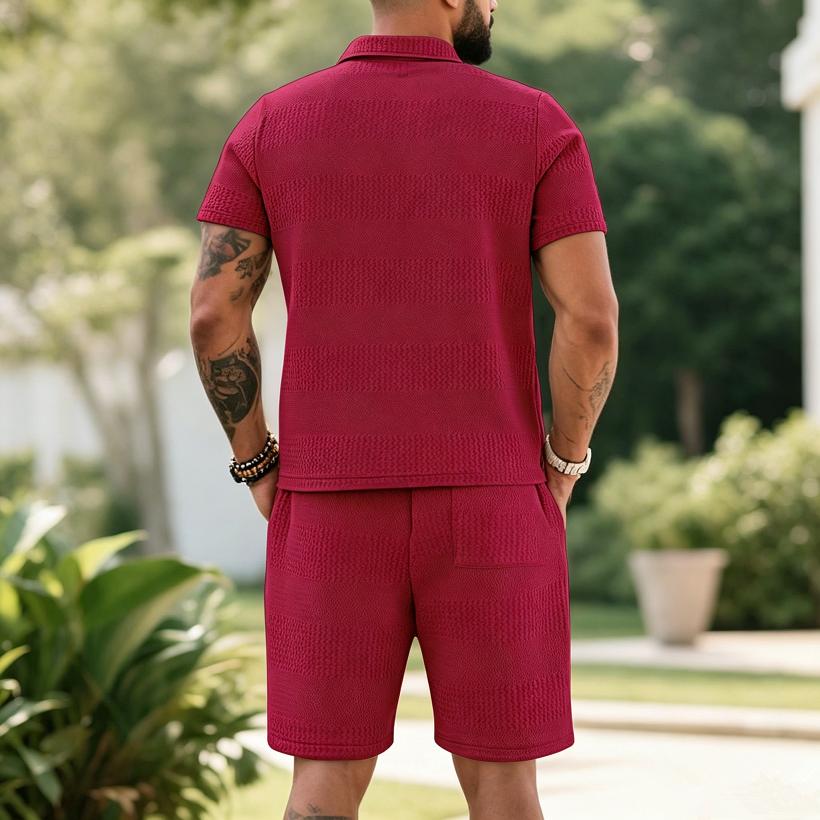 Men's Summer 2 Piece Outfit, Waffle Knit Polo Shirt and Elastic Waist Shorts, Casual Tracksuit for Beach Streetwear