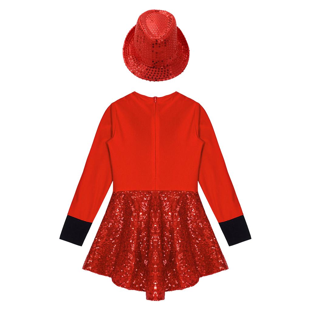 Girls Sequin Patchwork Leotard Long Sleeve Round Neck Bow Tie Zipper Paillette Fedora Hat Role Play Dress Up