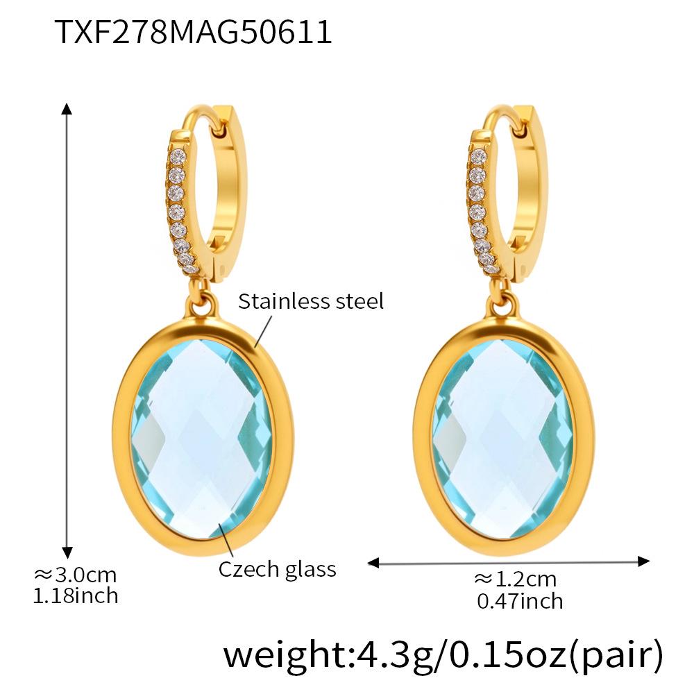 Qiong Yao Retro Czech Glass & Zircon Oval Stone Pendant Earrings for Women