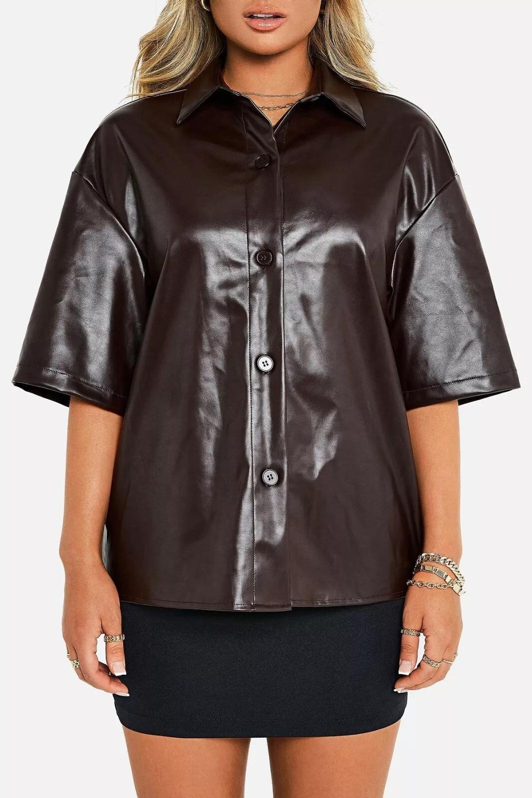 Настоящая овчина кожа ручной работы формальная стильная повседневная черная подлинная женская рубашка XL чёрный