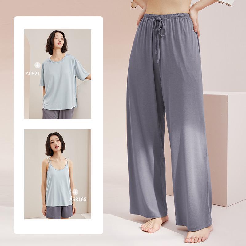Damskie letnie modalne luźne spodnie piżamowe z szerokimi nogawkami - Oddychające i przyjazne do noszenia na zewnątrz spodnie domowe z lodowego jedwabiu.